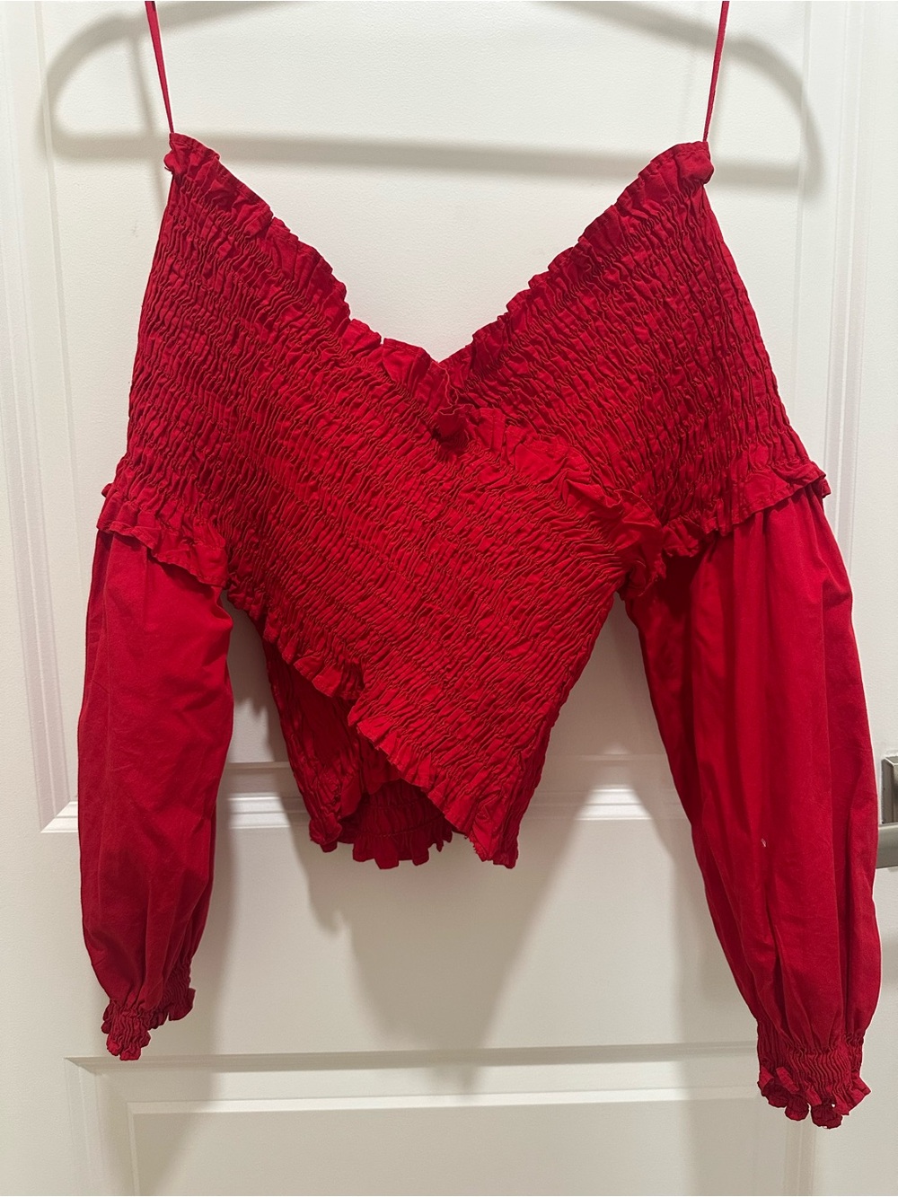 Zara Red Smocked Off-Shoulder Puff Sleeve Crop Top